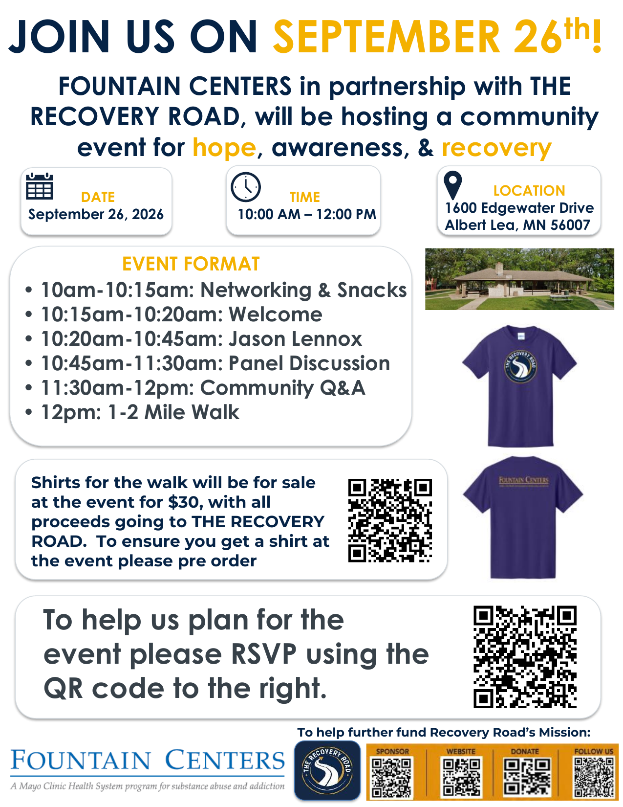 Event flyer for The Recovery Road community event on September 26, 2026 at Fountain Centers in Albert Lea, Minnesota