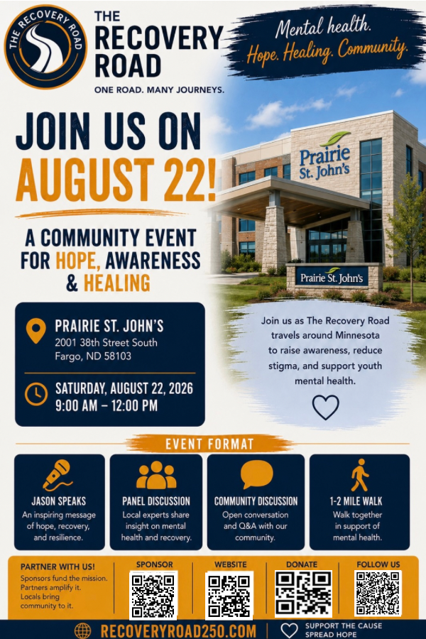 Event flyer for The Recovery Road community event on August 22, 2026 at Prairie St. John's in Fargo, North Dakota